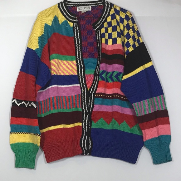 Multi-patterned Colorful Knitted Button Up Sweater - Picture 2 of 4